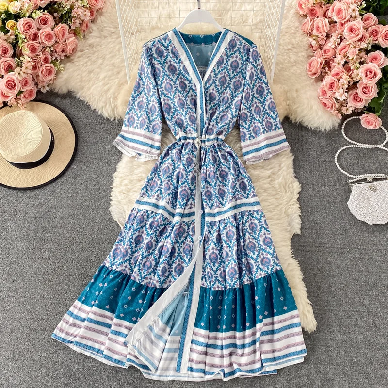 Single breasted V-neck dress large floral long skirt  2969