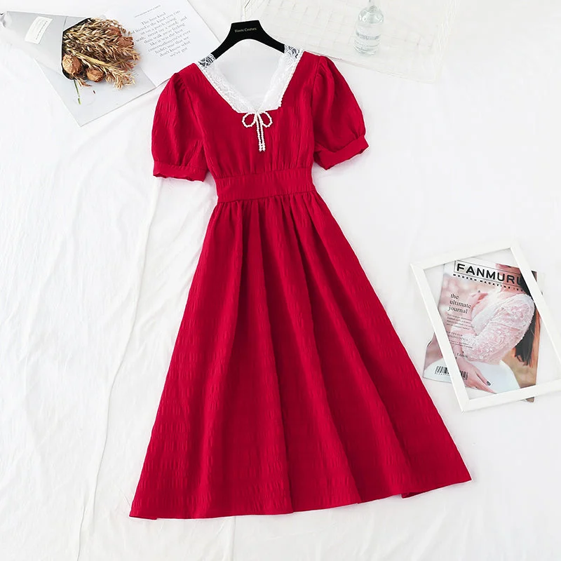 Pearl Square Neck skirt with a slim waist French dress  4190