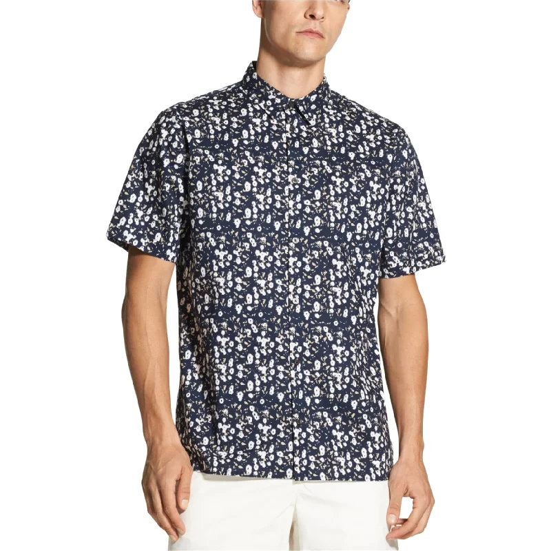 DKNY Mens Floral SS Button Up Shirt, Blue, Large
