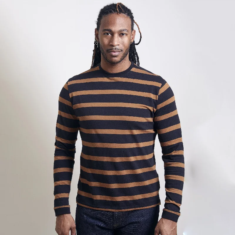 Palisades Awning Stripe Long Sleeve Peruvian Cotton Tee Shirt in Black/Rust (Size X-Large) by Left Coast Tee