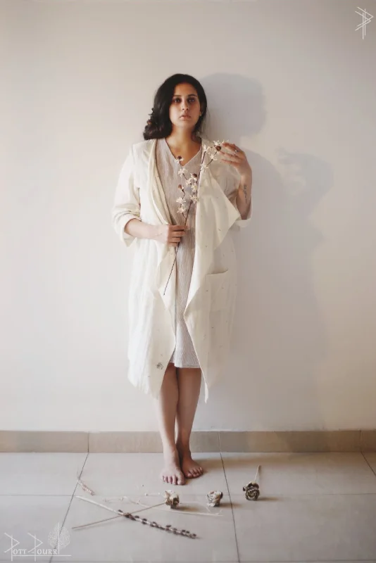 WHITE BUTI JACKET + THIN STRIPE DRESS