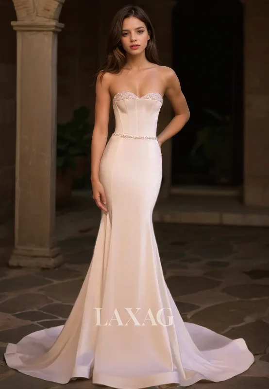 Sweetheart Sleeveless Off-Shoulder Beaded Satin Mermaid Wedding Dress with Sweep Train Sweetheart Sleeveless Off-Shoulder Beaded Satin Mermaid Wedding Dress with Sweep Train